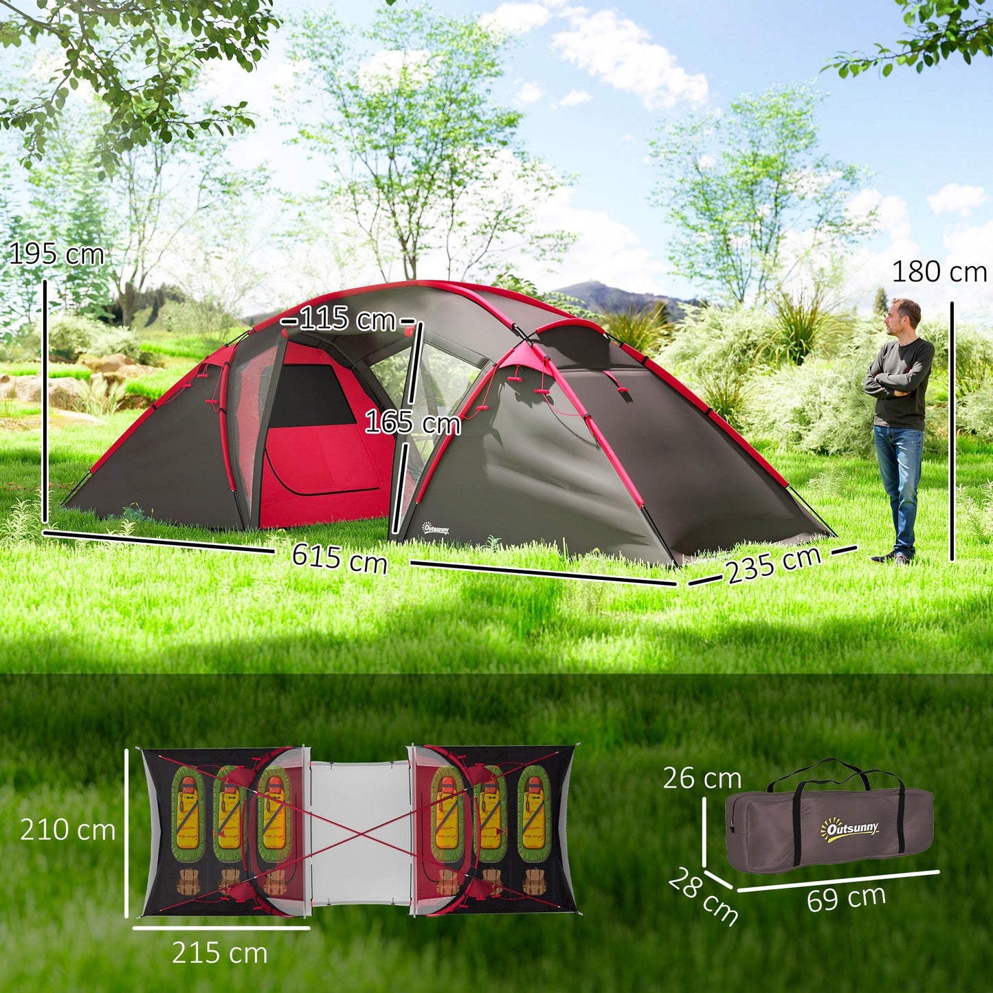 Outsunny 4-6 Man Family Camping Tent w/ 2 Bedrooms and a Living Room, Waterproof Tunnel Tent w/ Sewn In Groundsheet, Doors, Windows, Carry Bag, Grey