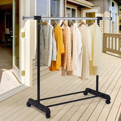 Adjustable Single Rail Garment Rack with Wheels and Bottom Shelf