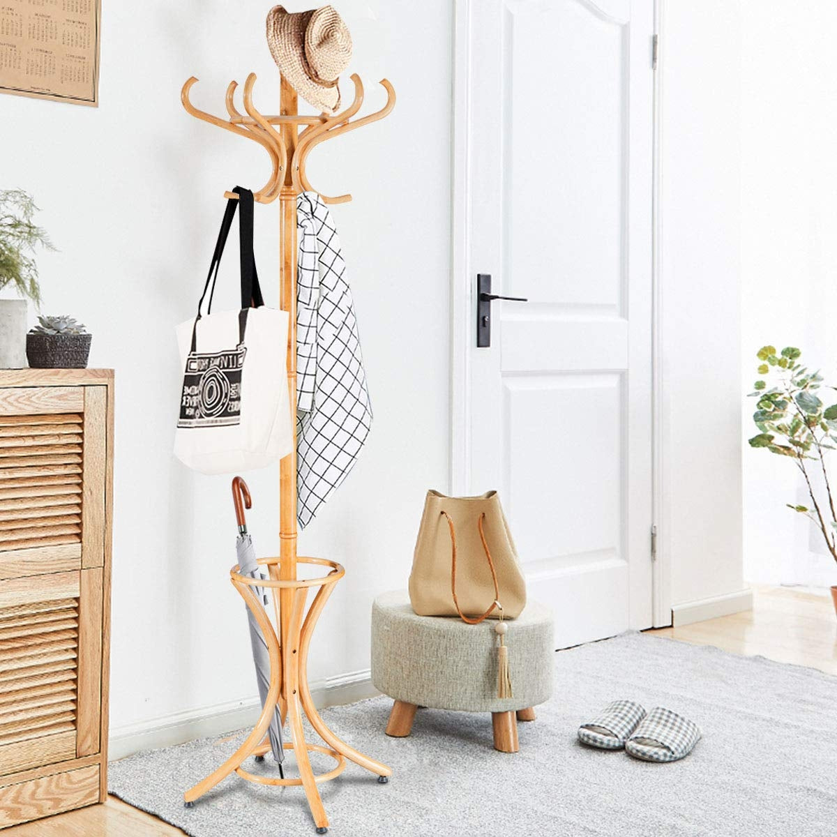 Free-standing Jacket Stand with Umbrella for Living Room-Natural