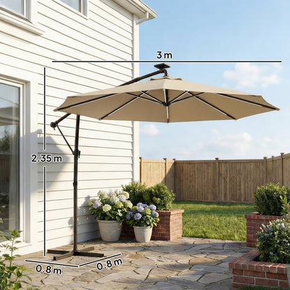 Outsunny 3 m Garden Cantilever Parasol with LED Solar Light, Round Overhanging Umbrella with 360 degrees Rotation, Cover, Khaki