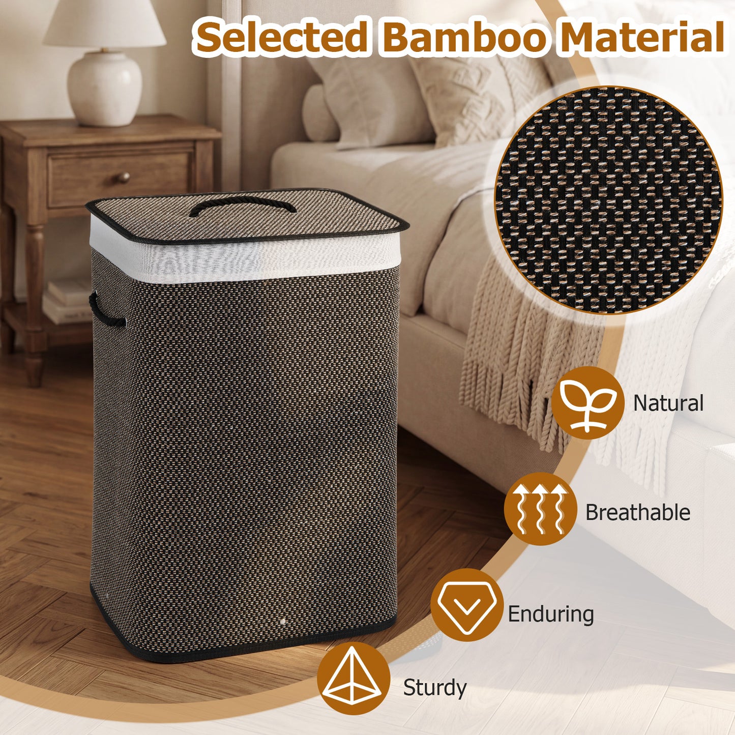 72 L Capacity Bamboo Laundry Hamper with Lid and Removable Liner for Bedroom-Black