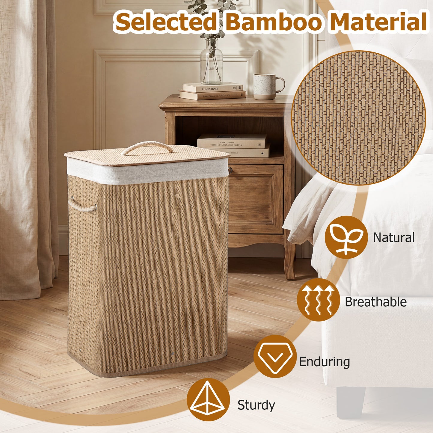 72 L Capacity Bamboo Laundry Hamper with Lid and Removable Liner for Bedroom-Natrual