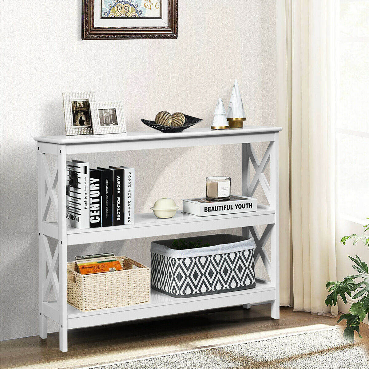 Industrial 3-Tier Console Table with Storage Shelf-White