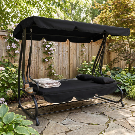 Outsunny Three-Person garden Swing Chair, with Adjustable Canopy - Black