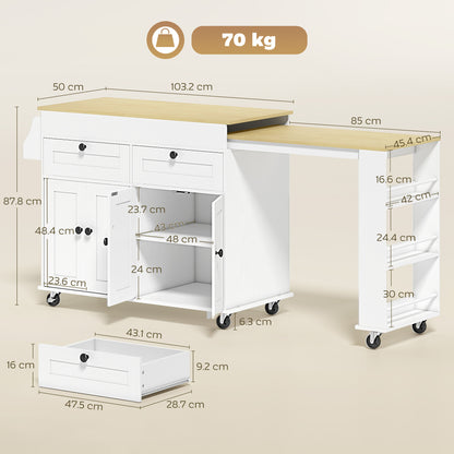 HOMCOM Rolling Kitchen with Expandable Top, Kitchen Island on Wheels with USB Ports & Power Outlets, Storage, White