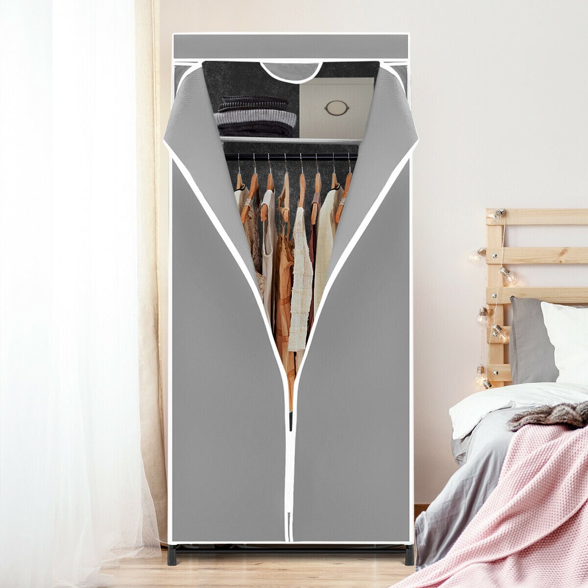 Double Canvas Wardrobe with Dust-proof Cover-Grey