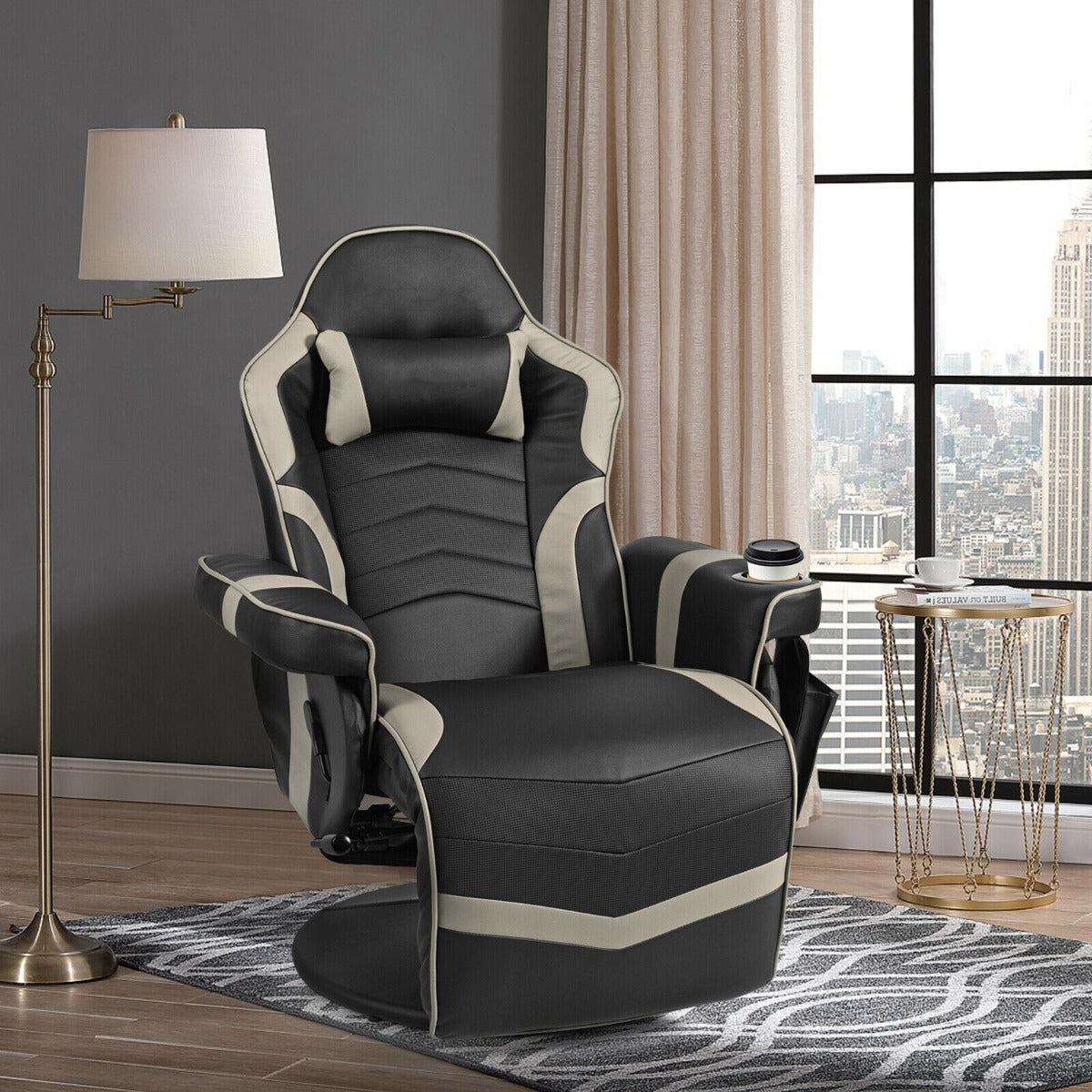 Electric Massage Gaming Chair with Cup Holder and Side Pouch-Grey