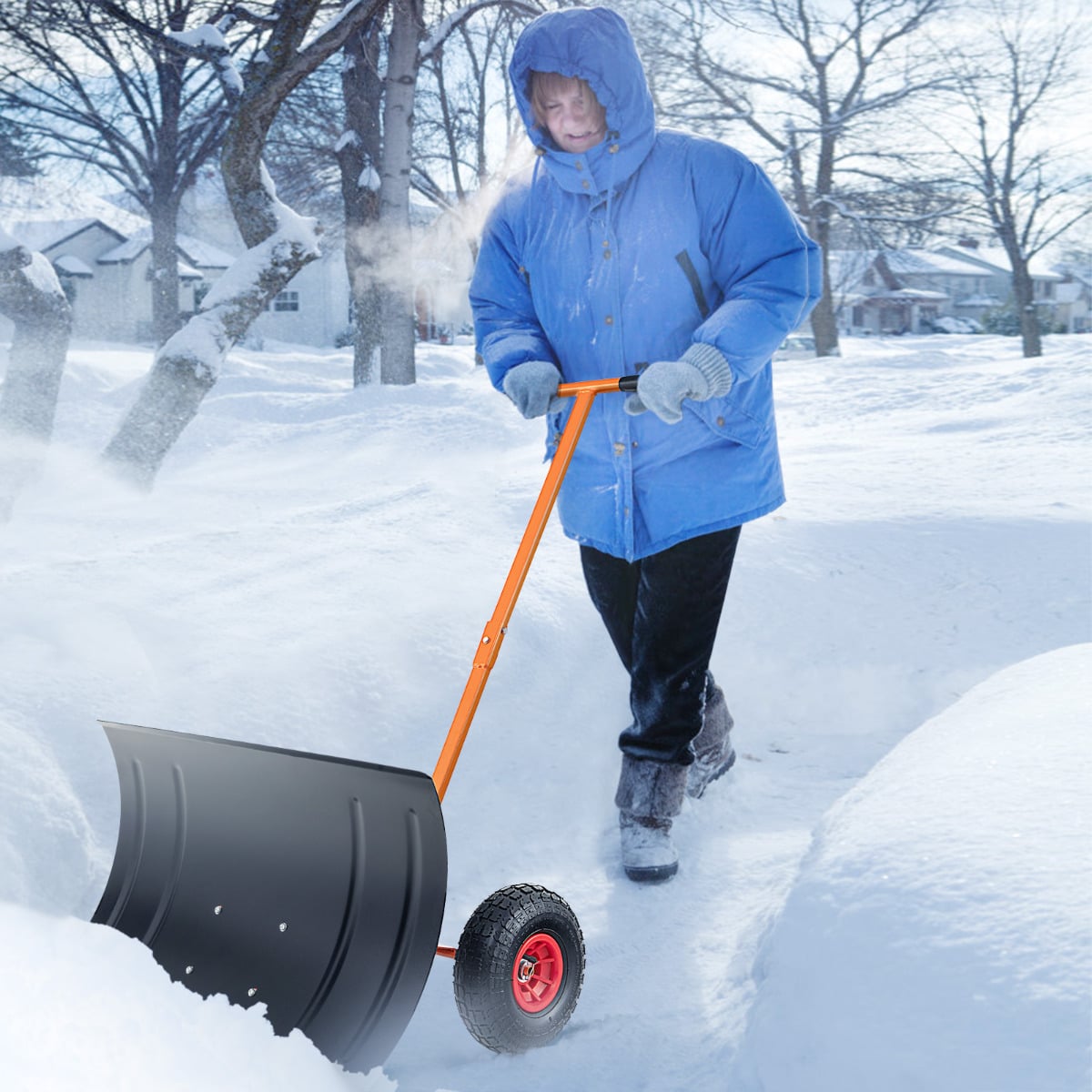 74 CM Metal Snow Pusher with Wheels for Driveway-Orange