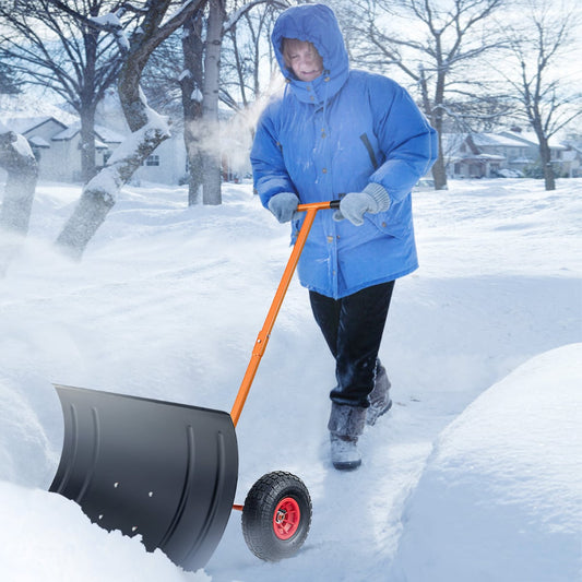 74 CM Metal Snow Pusher with Wheels for Driveway-Orange