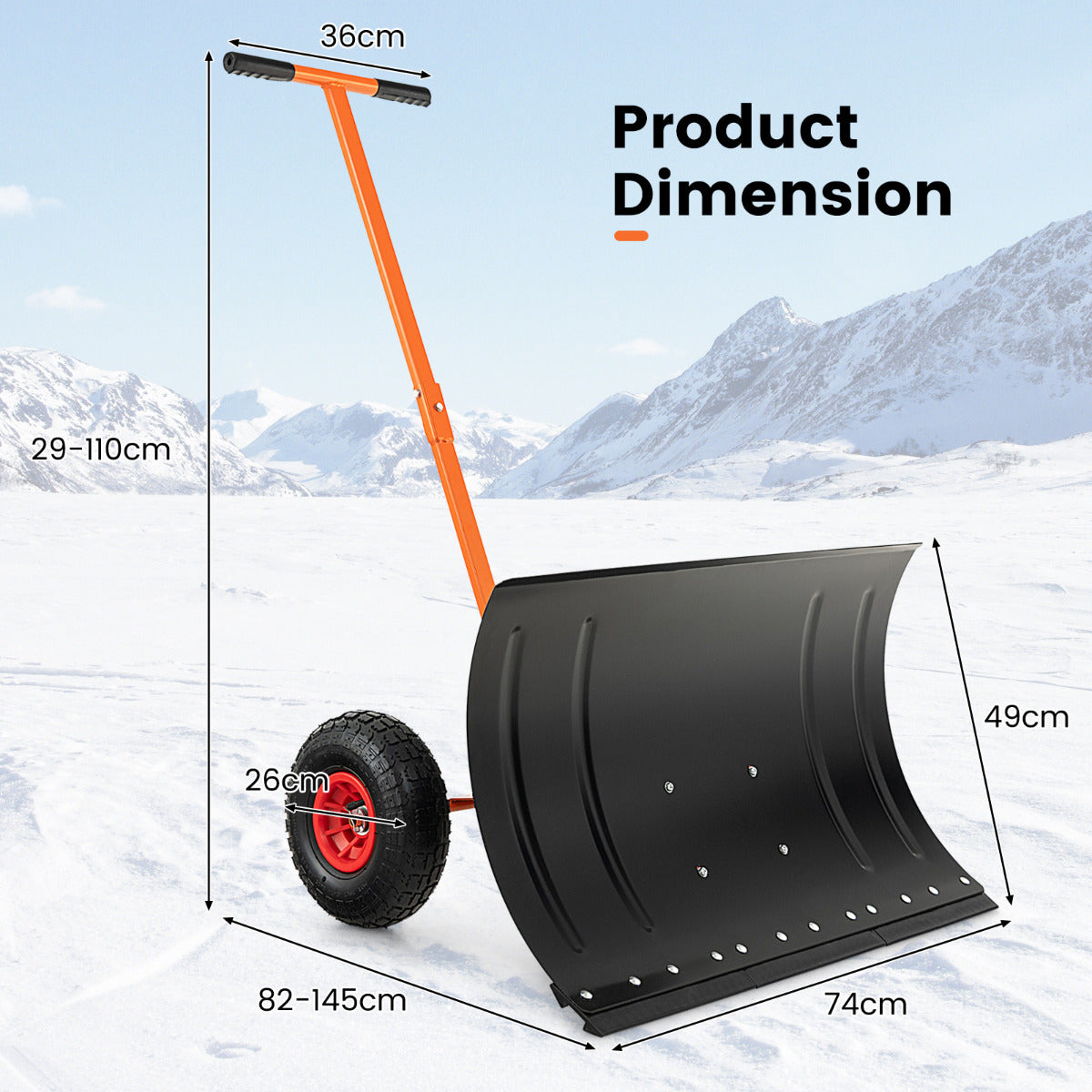 74 CM Metal Snow Pusher with Wheels for Driveway-Orange