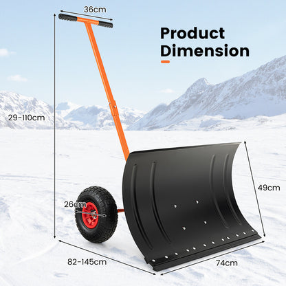 74 CM Metal Snow Pusher with Wheels for Driveway-Orange