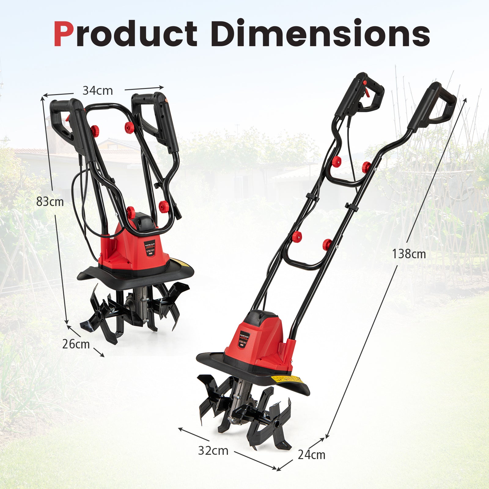 750W Powerful Foldable Garden Rototiller for Lawn Soil Digging-Red