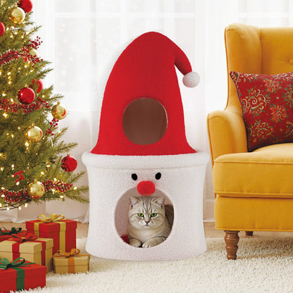 75CM Modern Cute Cat Tower with Enclosed Padded Top Perch and Condo-White & Red
