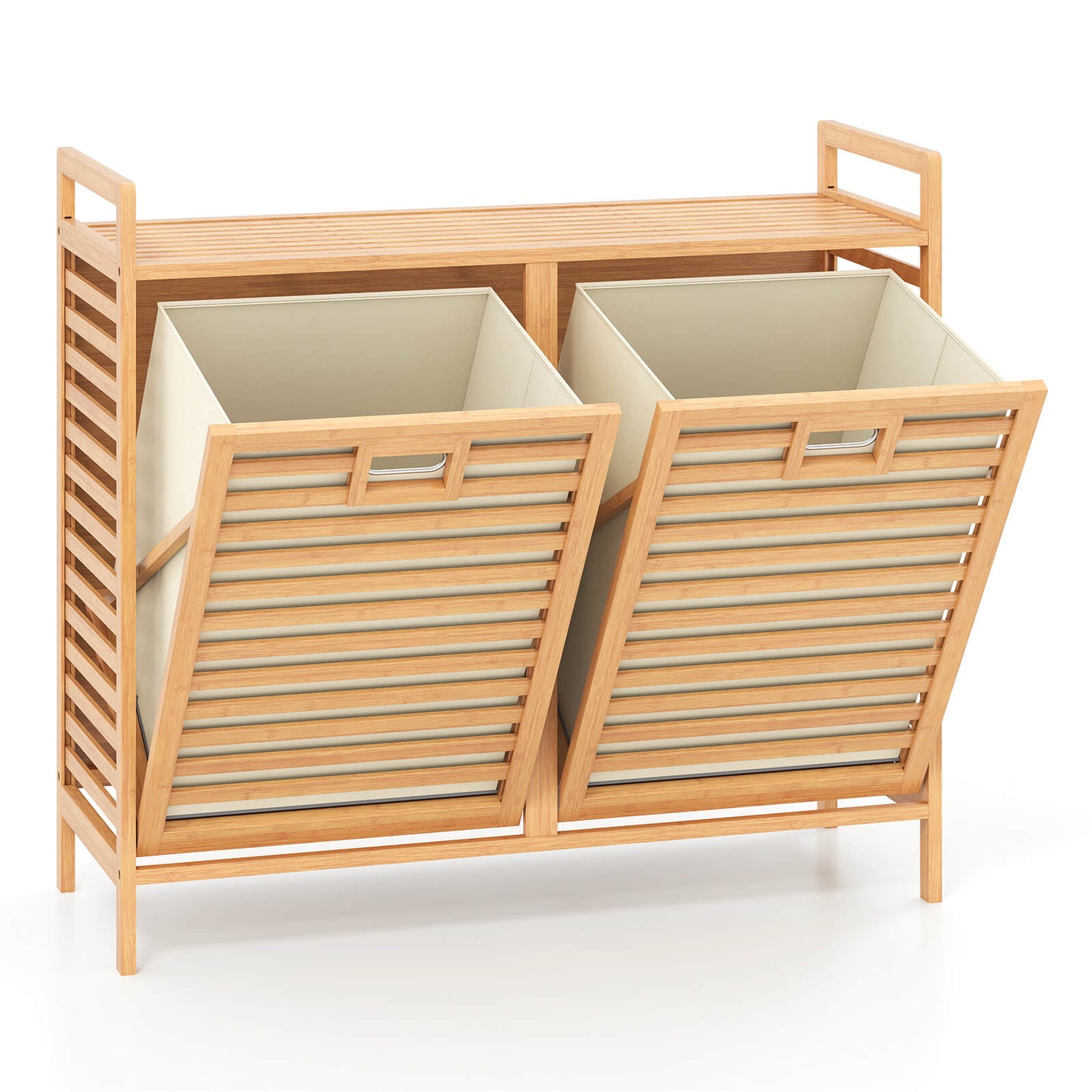 75L Double Tilt-out Laundry Hamper Bamboo with 2 Removable Bins-Natural
