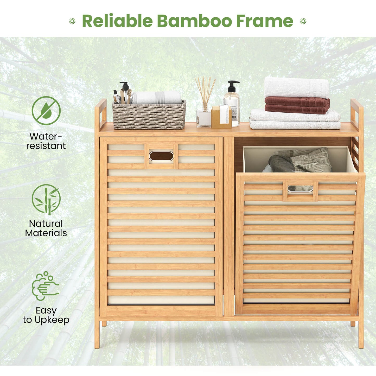 75L Double Tilt-out Laundry Hamper Bamboo with 2 Removable Bins-Natural