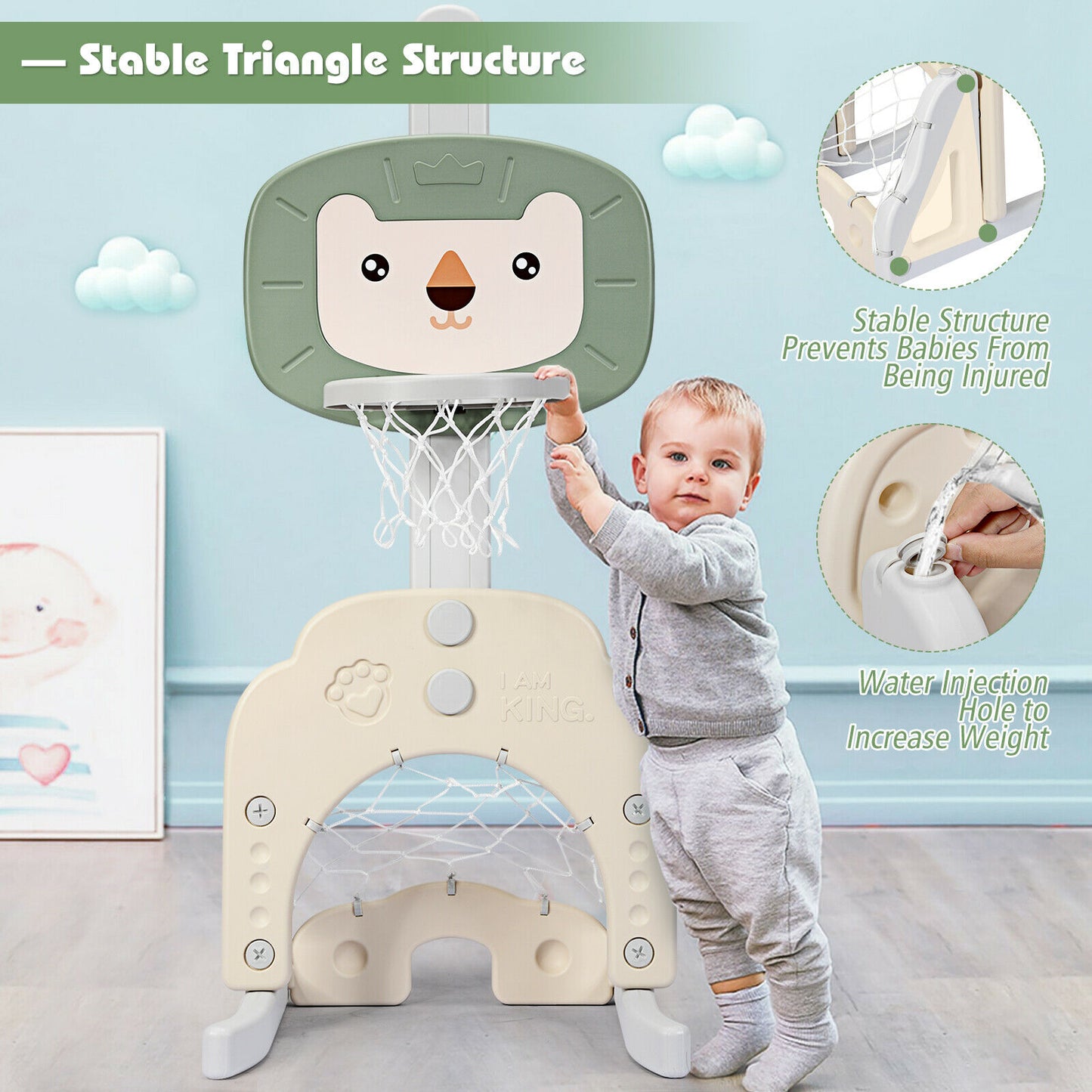 3-in-1 Basketball Hoop Set Stand 5 Adjustable Height