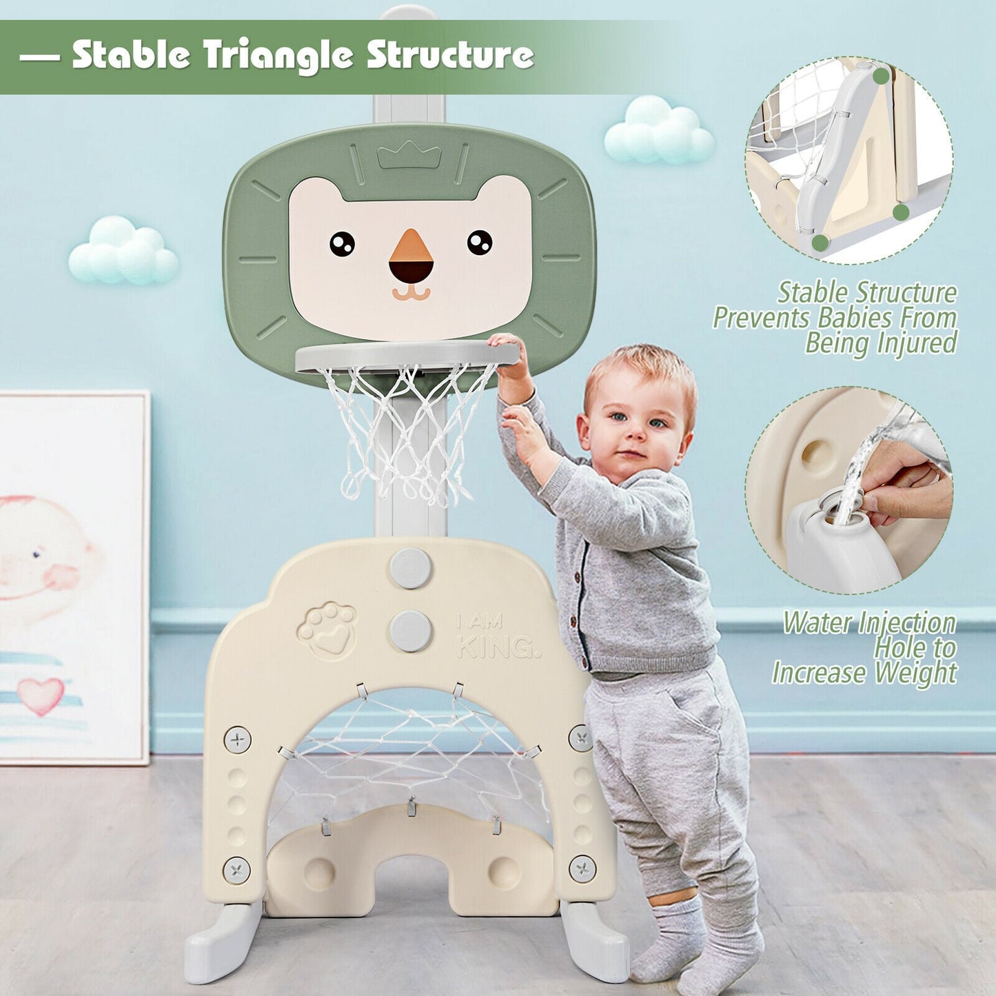 3-in-1 Basketball Hoop Set Stand 5 Adjustable Height