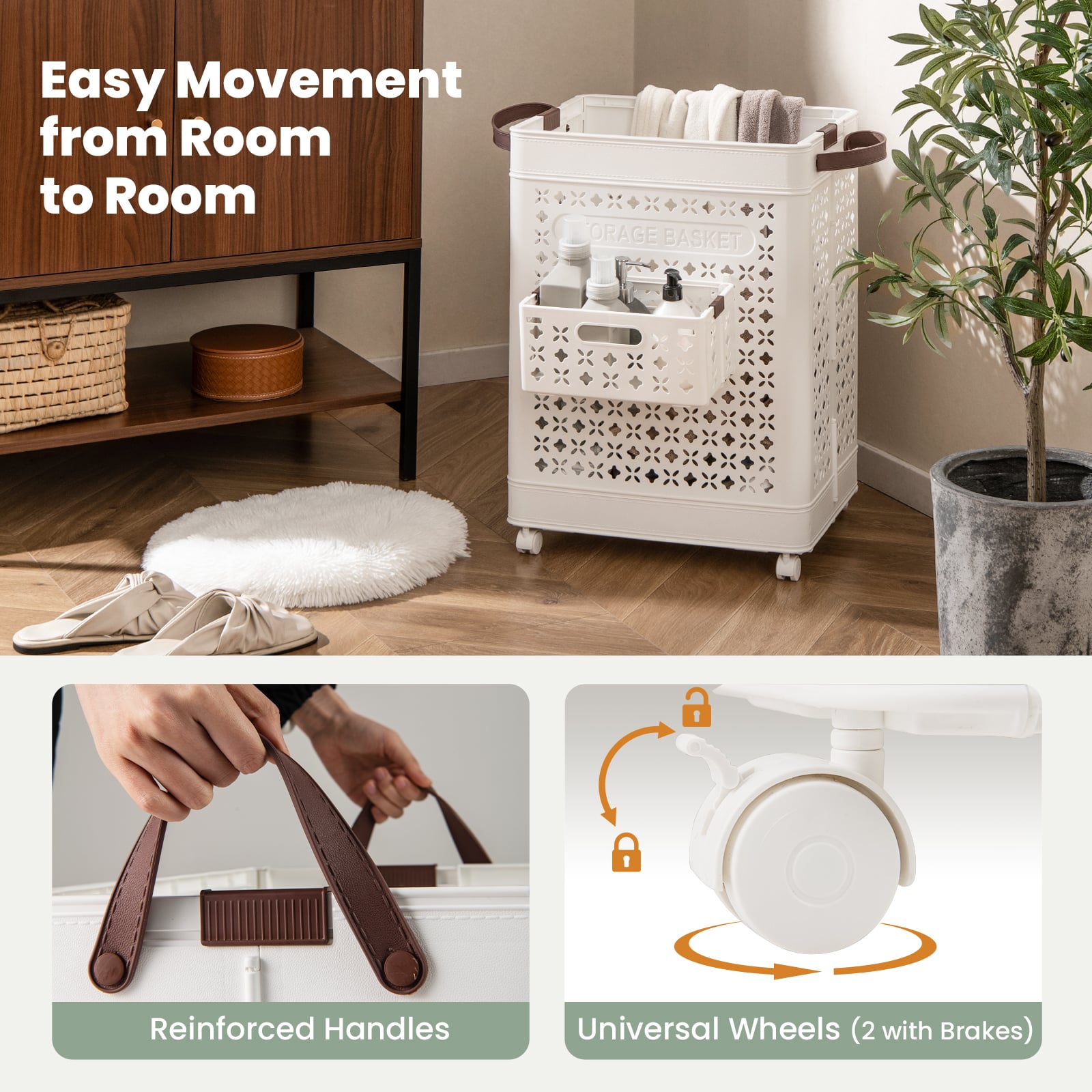 75 L Collapsible Laundry Basket with Underwear Basket and Handles-White