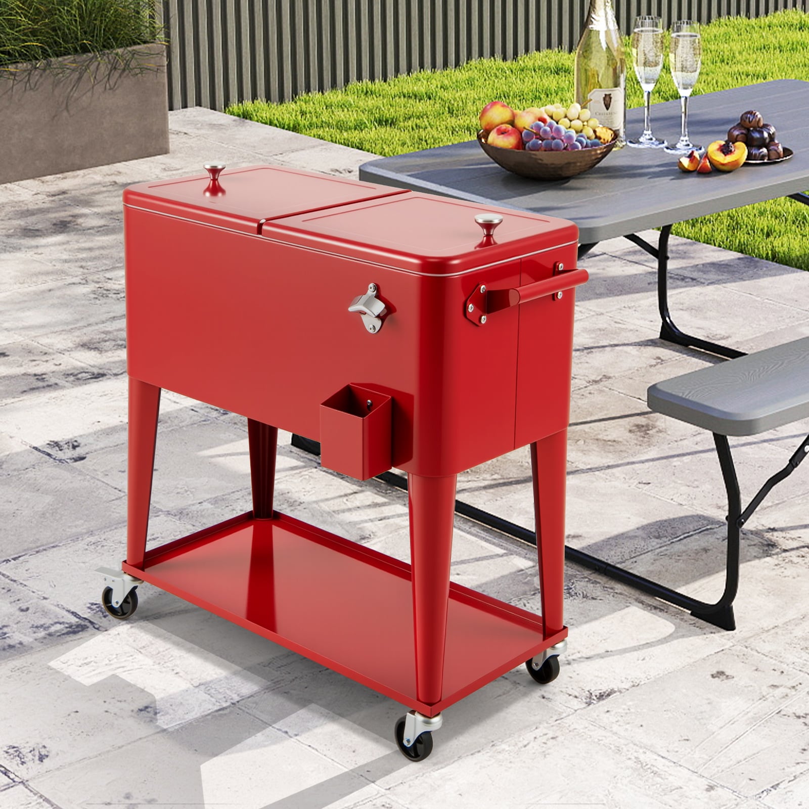 75 L Portable Patio Rolling Ice Chest with Bottom Storage Shelf-Red