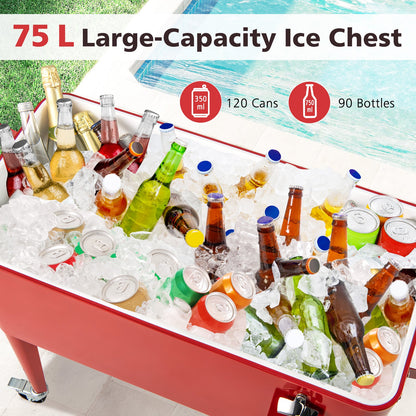 75 L Rolling Ice Chest Portable Patio Cooler on Wheels Outdoor Drink Beverage Cooler Cart-Red