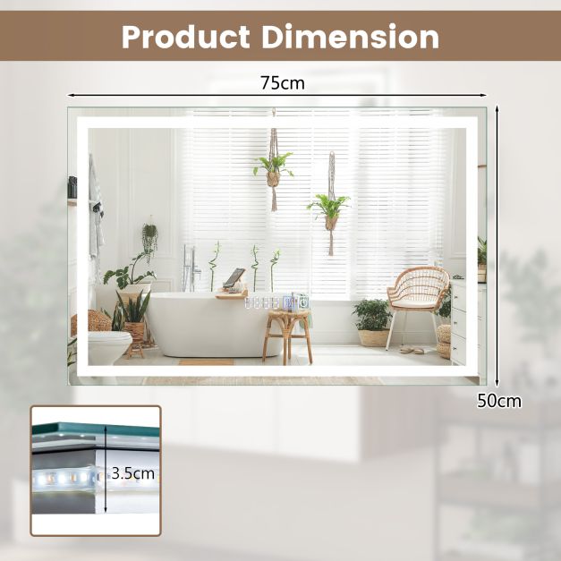 75 x 50 CM LED Wall Mounted Rectangle Mirror with 3-Color Dimmable Lights