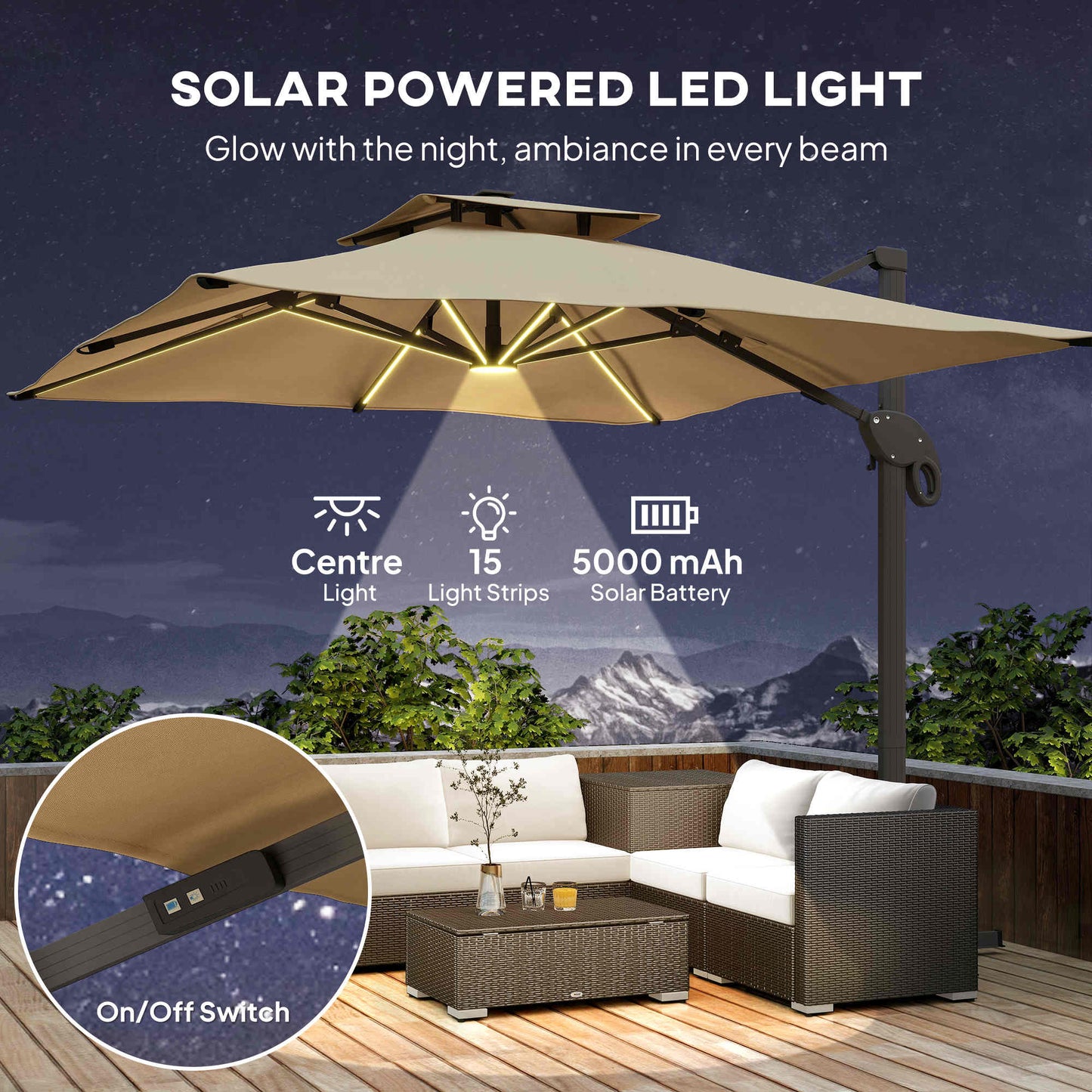 Outsunny 3 x 3(m) Aluminium Sun Square Canopy Top w/ Adjustable Pole Angle Khaki