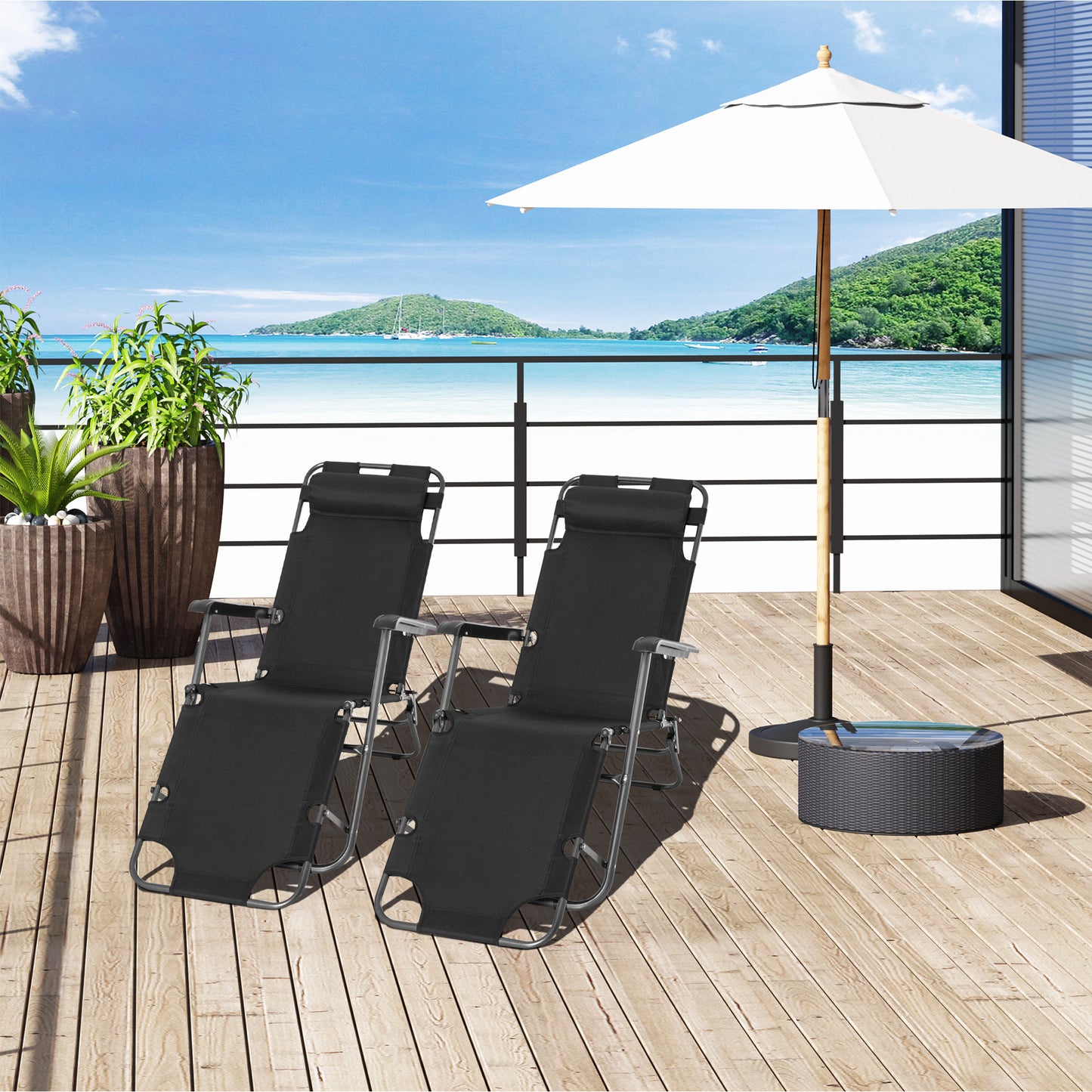 Outsunny 2 in 1 Folding Sun Lounger Reclining Garden Chair Set of 2 with 2-Level Adjustable Backrest, Outdoor Zero Gravity Recliner Garden Chairs with Head Pillow and Armrests, Black