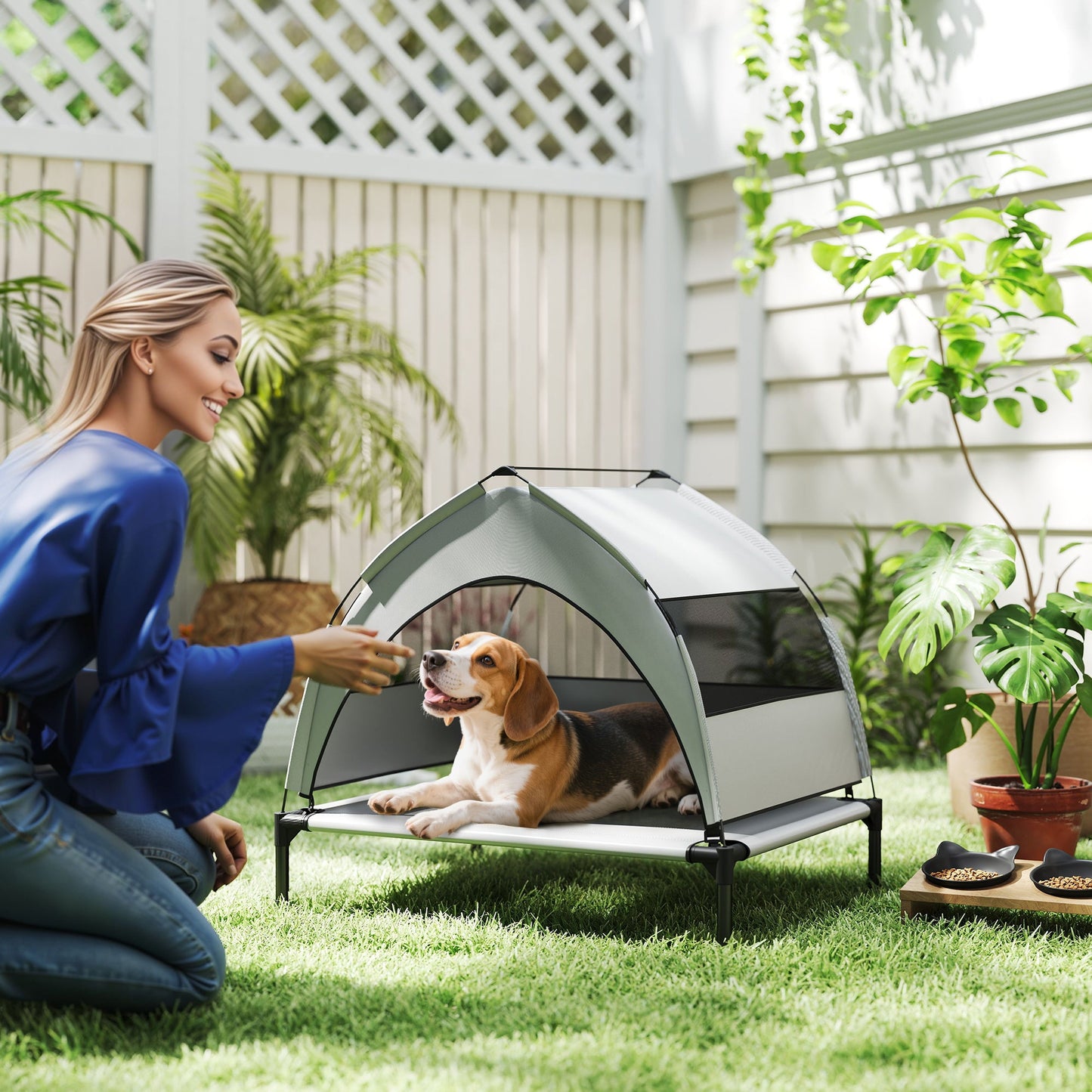 PawHut Portable Elevated Dog Bed with Removable Canopy, Cooling Raised Pet Cot for Small Medium Dogs, 76 x 61 x 60 cm