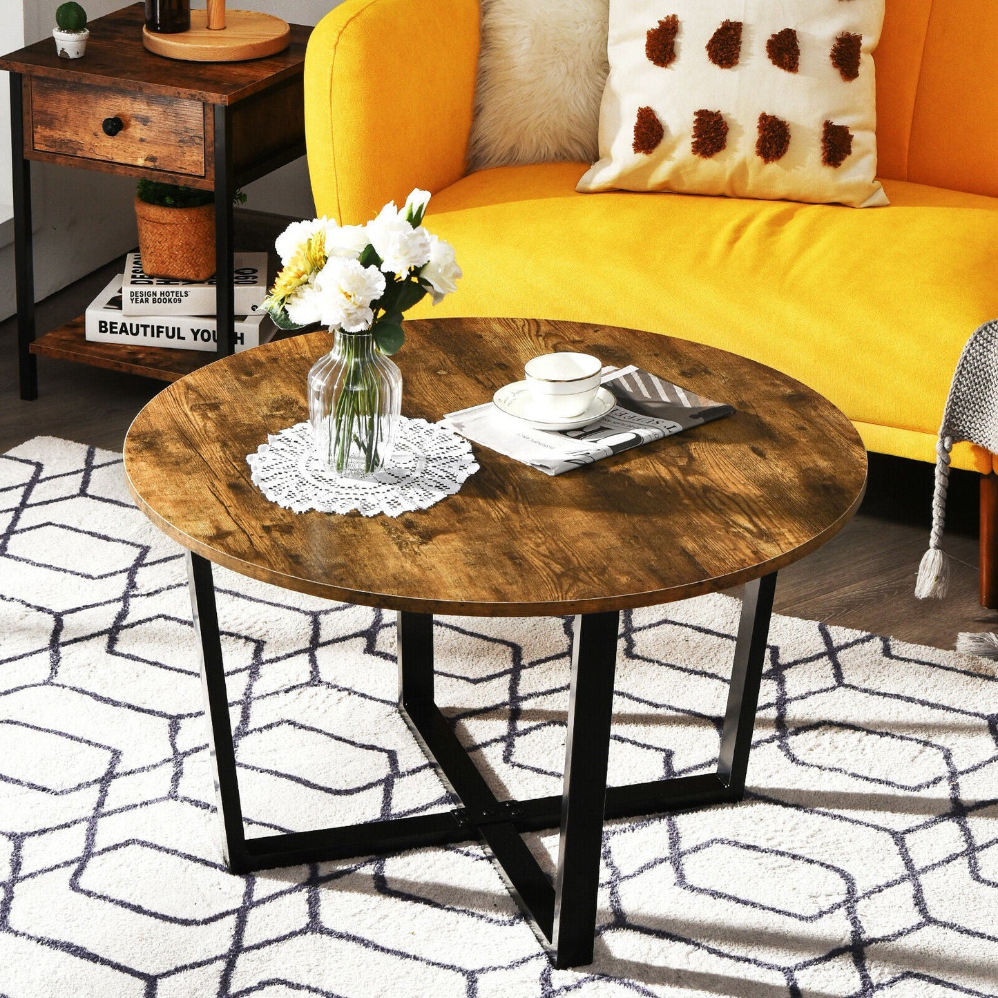 Industrial Round Coffee Table with Adjustable Leg Pads