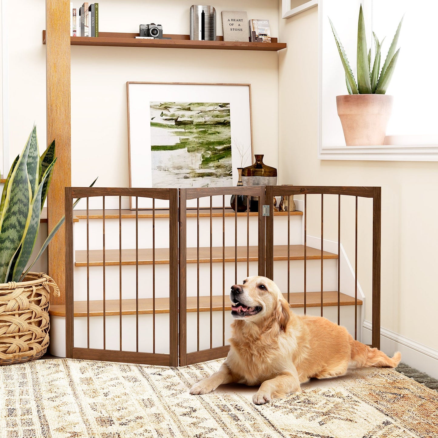 76 CM Tall Pet Gate Wooden Dog Fence 3-Panel Room Divider Barrier-Brown