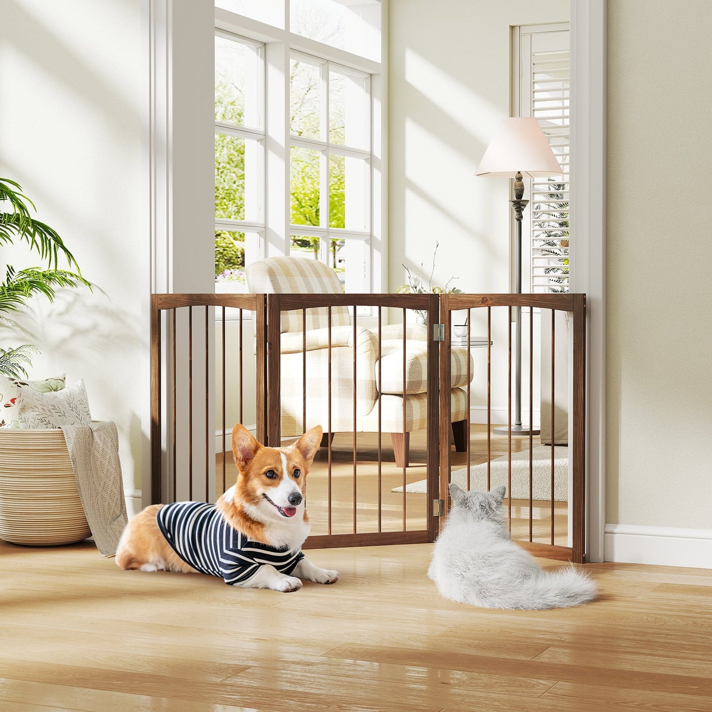 76 CM Tall Pet Gate Wooden Dog Fence 3-Panel Room Divider Barrier-Brown