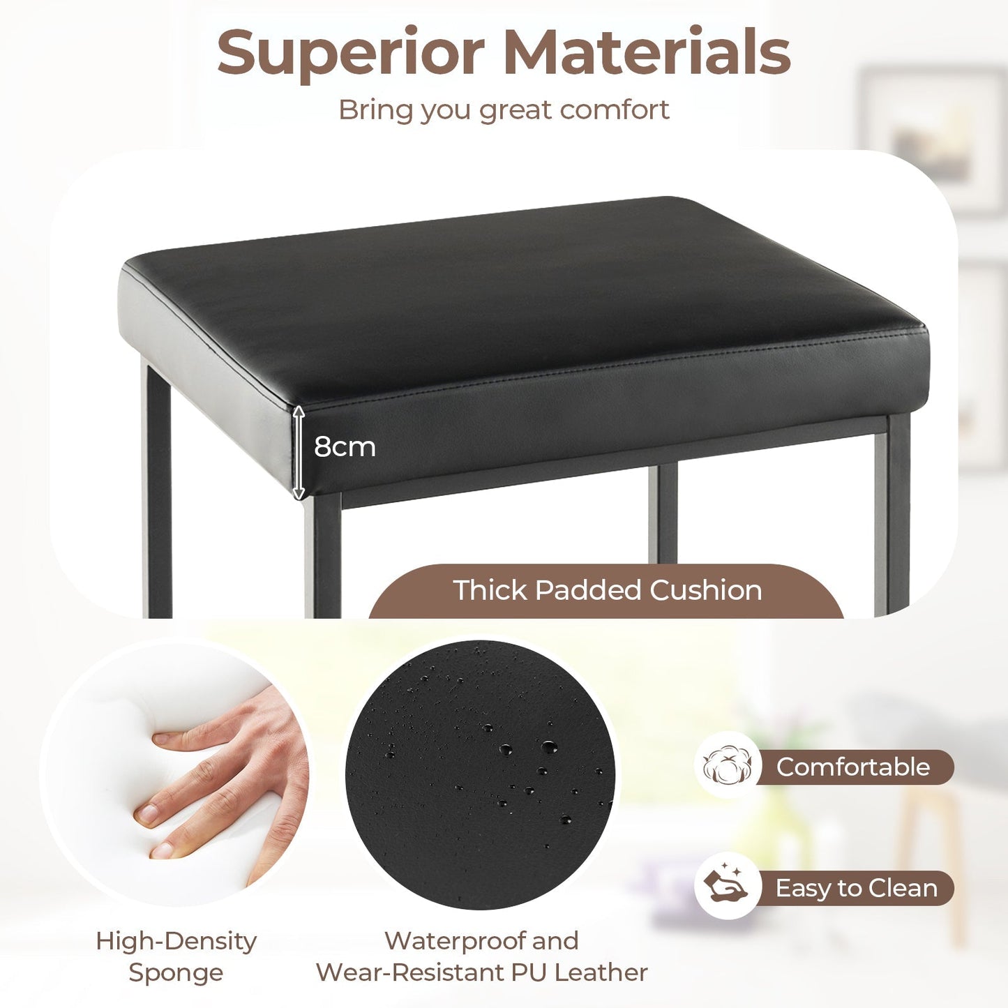 76 cm Barstools Set of 2 with PU Leather Cover and Footrest-Black