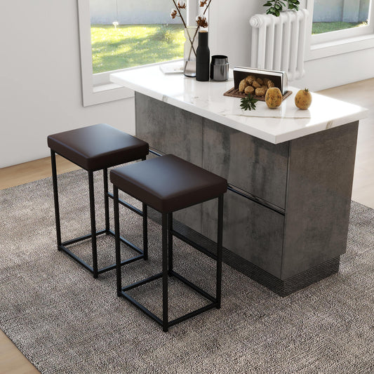 76 cm Barstools Set of 2 with PU Leather Cover and Footrest-Brown