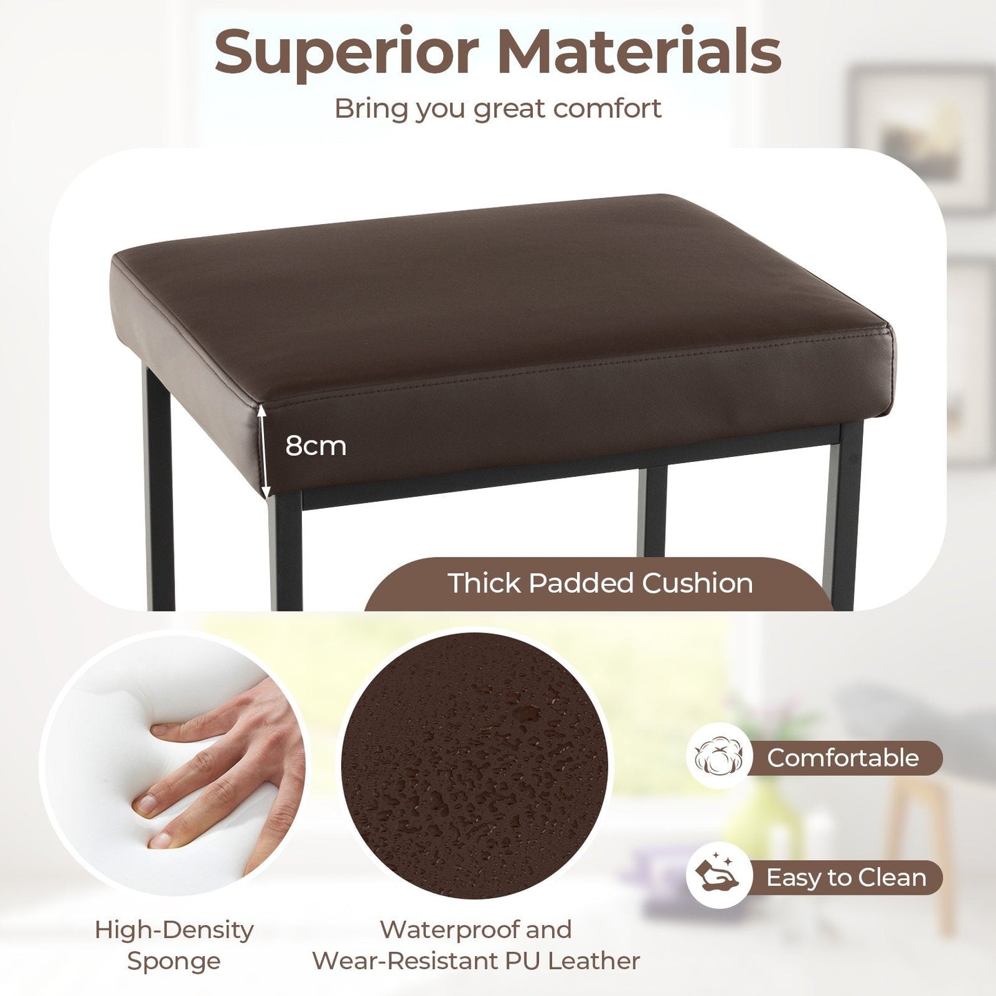 76 cm Barstools Set of 2 with PU Leather Cover and Footrest-Brown