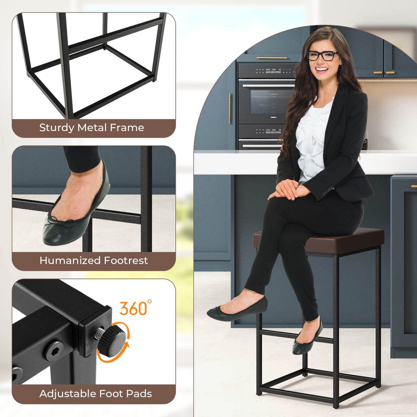 76 cm Barstools Set of 2 with PU Leather Cover and Footrest-Brown