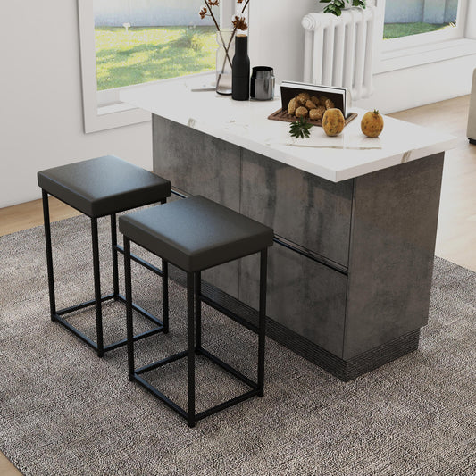 76 cm Barstools Set of 2 with PU Leather Cover and Footrest-Grey