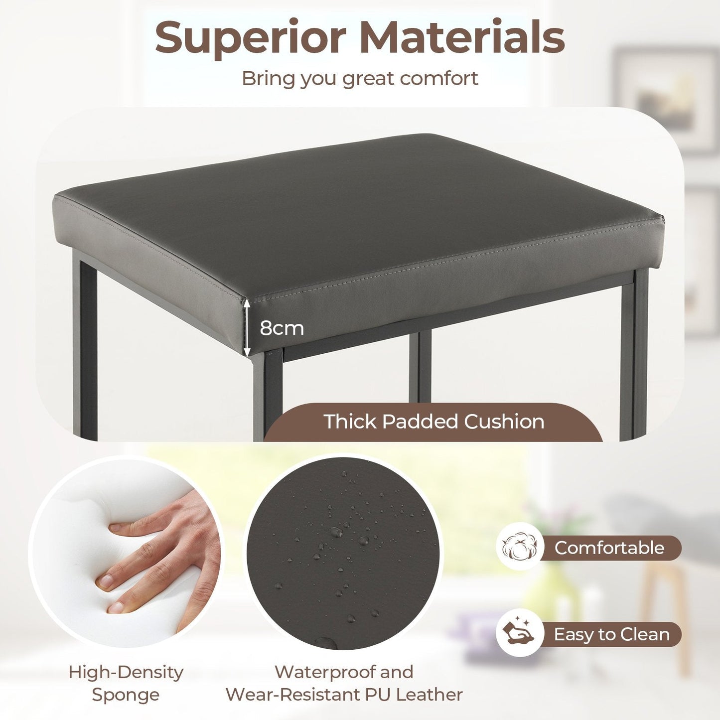 76 cm Barstools Set of 2 with PU Leather Cover and Footrest-Grey