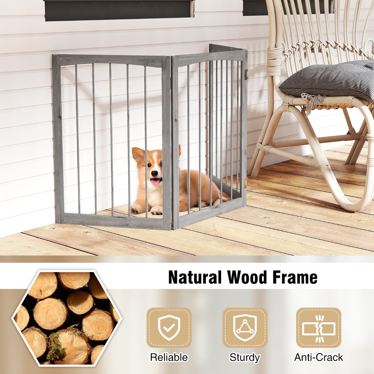 76 CM Tall Pet Gate Wooden Dog Fence 3-Panel Room Divider Barrier-Grey