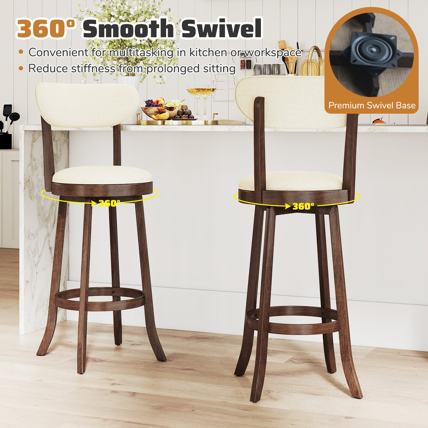 64/77CM Counter Height Chairs Set of 2 with Padded Seat and Backrest-Brown-Size 2