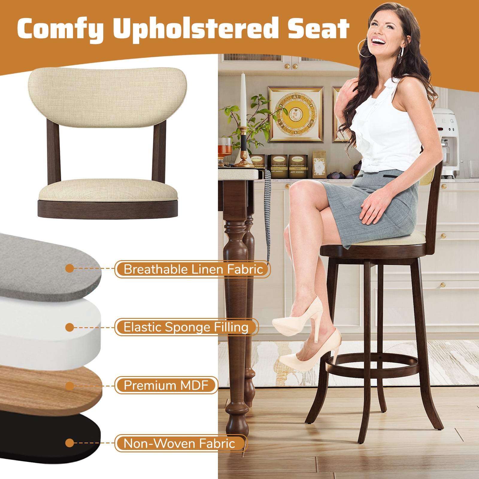 64/77CM Counter Height Chairs Set of 2 with Padded Seat and Backrest-Brown-Size 2