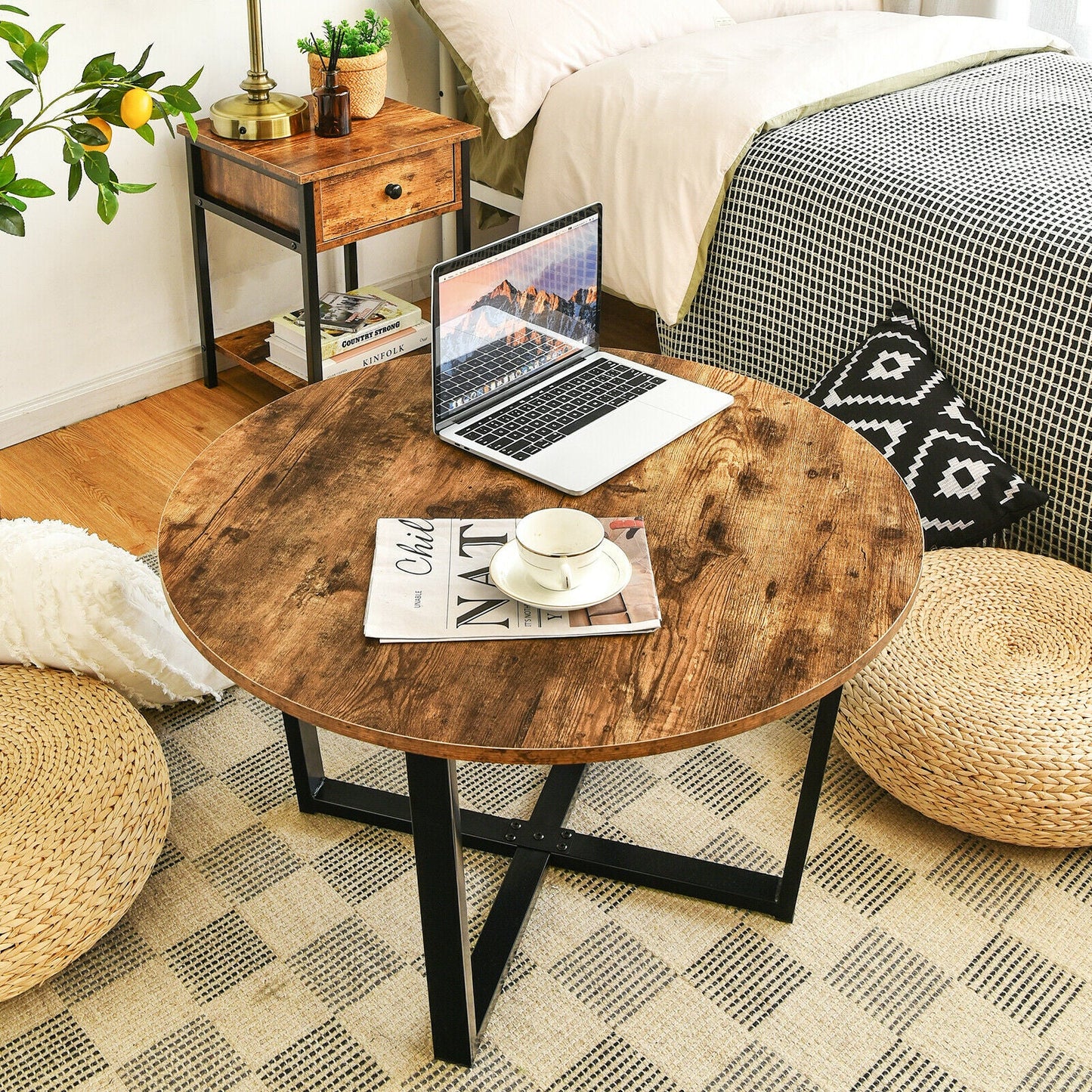 Industrial Round Coffee Table with Adjustable Leg Pads