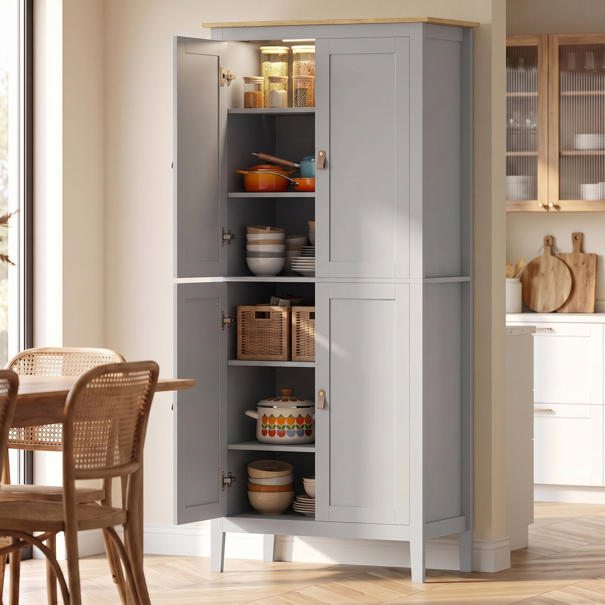 HOMCOM Tall Pantry Cupboard with Motion Sensor LED Light - Grey