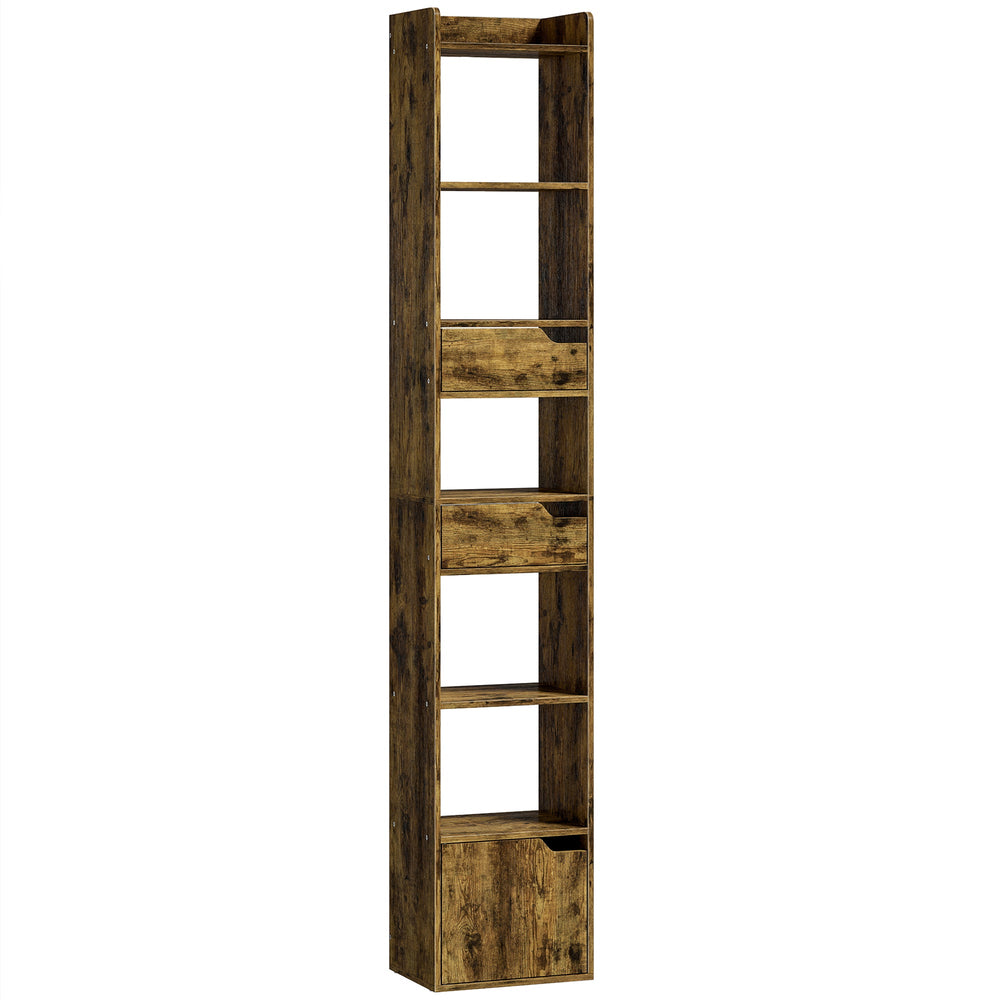 HOMCOM Bookcase Tall Narrow with 5 Tiers and Drawers Freestanding Bookshelf Storage Cabinet for Living Room Rustic Brown