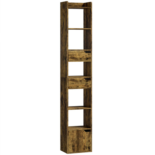 HOMCOM Bookcase Tall Narrow with 5 Tiers and Drawers Freestanding Bookshelf Storage Cabinet for Living Room Rustic Brown