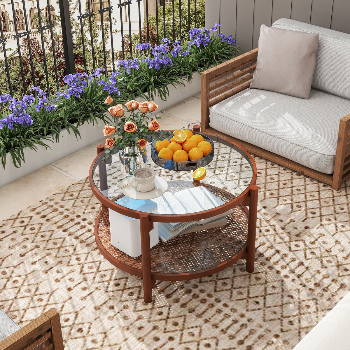 78cm Round Coffee Table with Tempered Glass Top-Natural