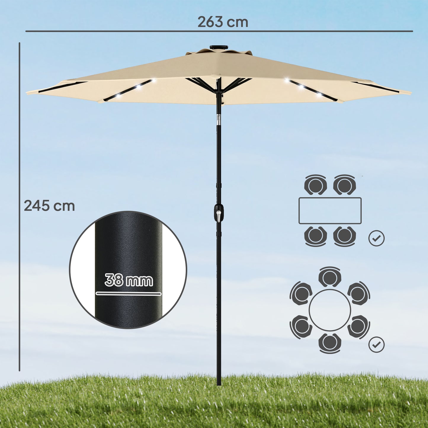 Outsunny 2.6 m Garden Parasol Umbrella with LED Solar Light, Parasol Cover, Outdoor Market Patio Umbrella, Beige