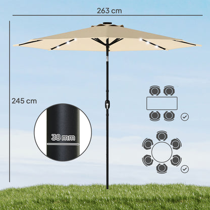 Outsunny 2.6 m Garden Parasol Umbrella with LED Solar Light, Parasol Cover, Outdoor Market Patio Umbrella, Beige