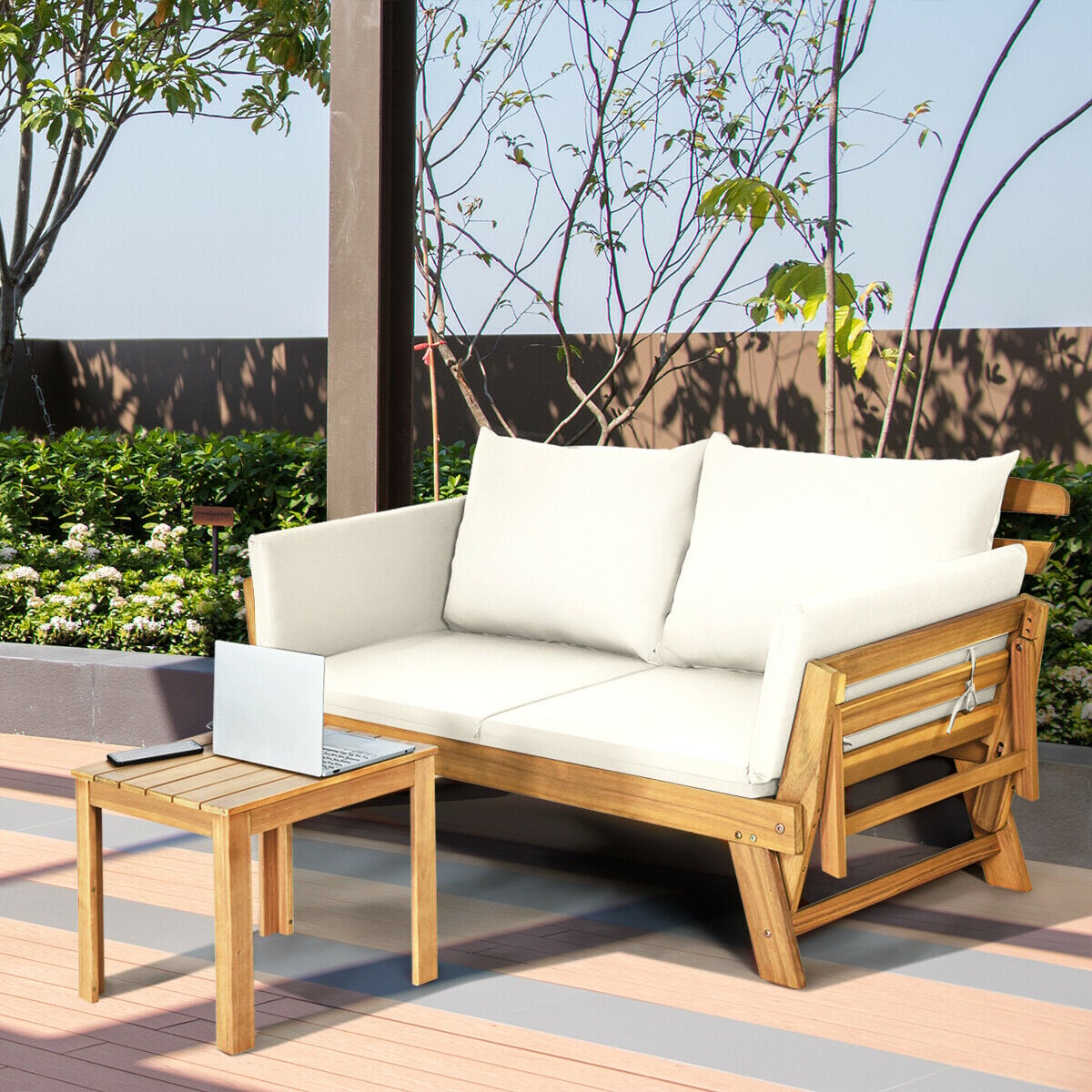 3 in 1 Convertible Cushioned Loveseat Lounger Couch with Pillows-White