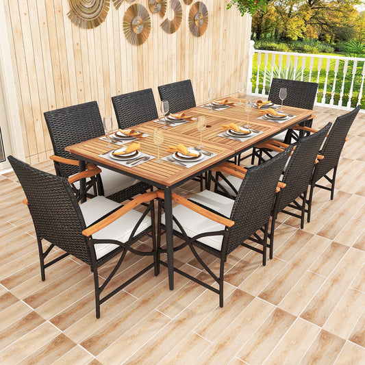 79 Inch Outdoor Dining Table and 8 Rattan-woven Dining Chairs with Umbrella Hole