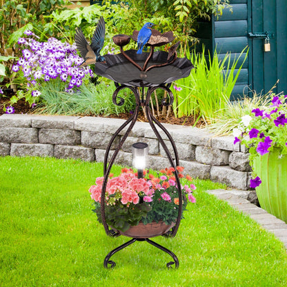 79 cm Solar Outdoor Bird Bath with Flower Planter Base and LED Light-Bronze
